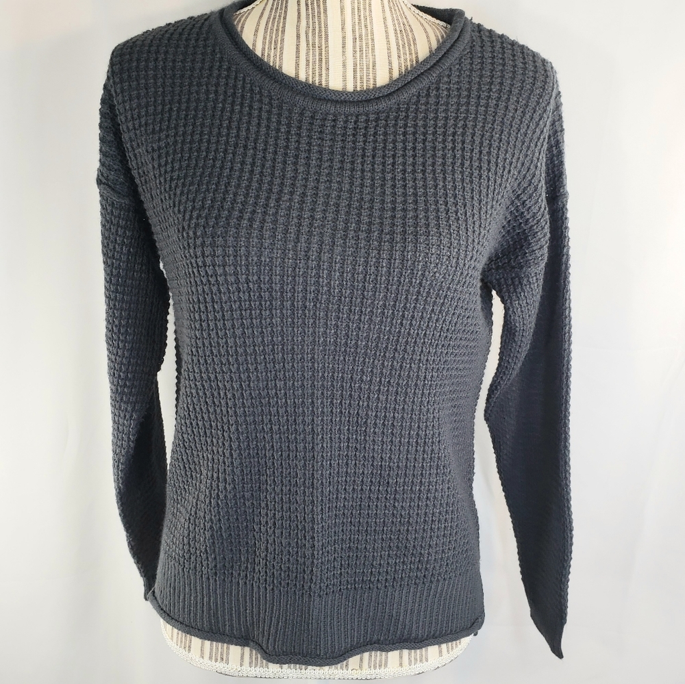 Pink Rose Grey Long Sleeve Side Slits Waffle Knit Top Size Small
